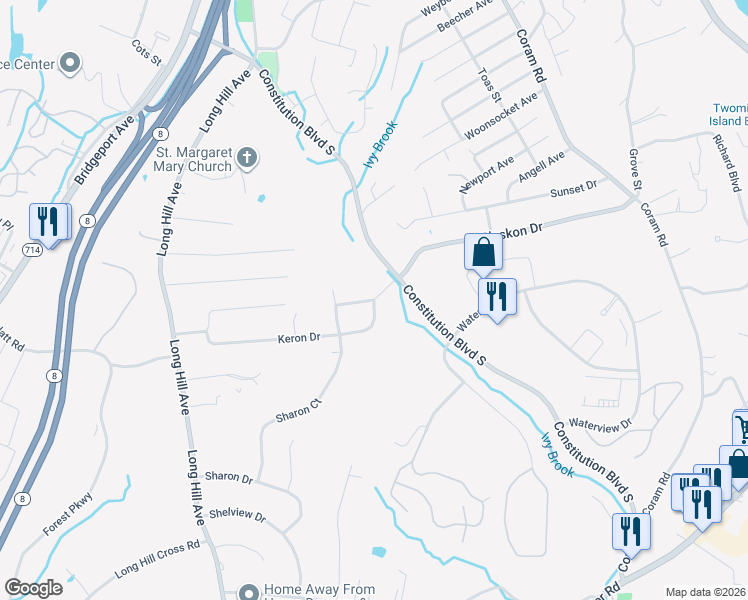 map of restaurants, bars, coffee shops, grocery stores, and more near 64 Plaskon Drive Extension in Shelton