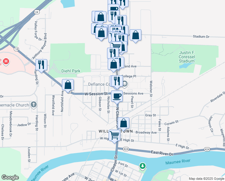 map of restaurants, bars, coffee shops, grocery stores, and more near 702 North Clinton Street in Defiance