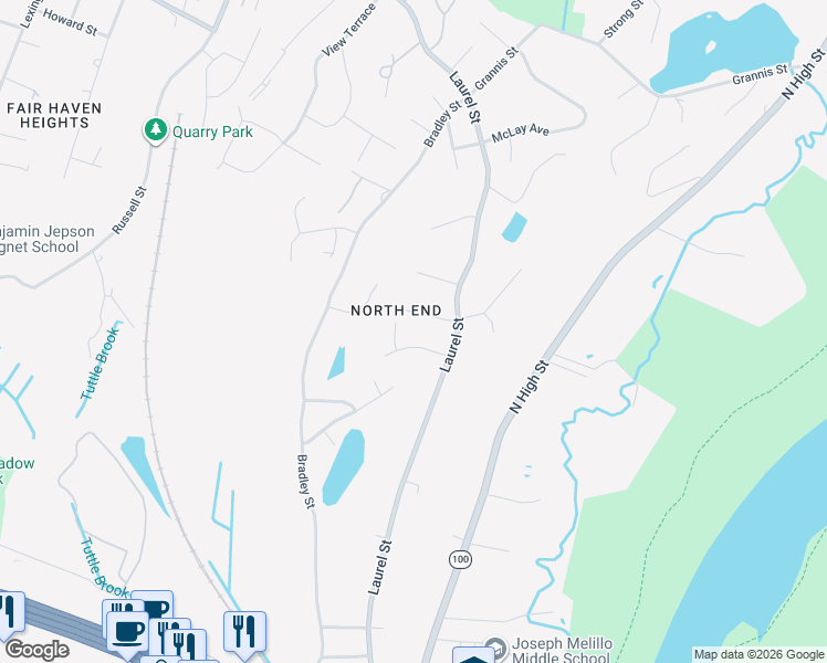 map of restaurants, bars, coffee shops, grocery stores, and more near 14 Eldred Drive in East Haven
