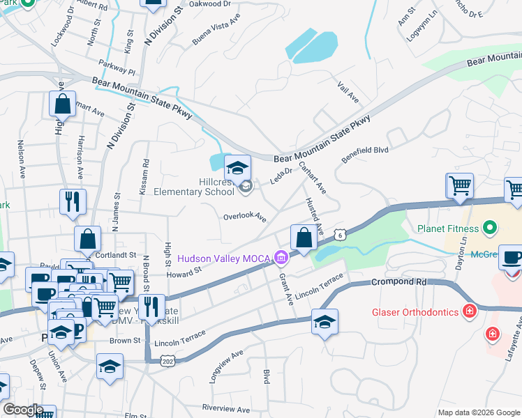 map of restaurants, bars, coffee shops, grocery stores, and more near 3 Horton Drive in Peekskill