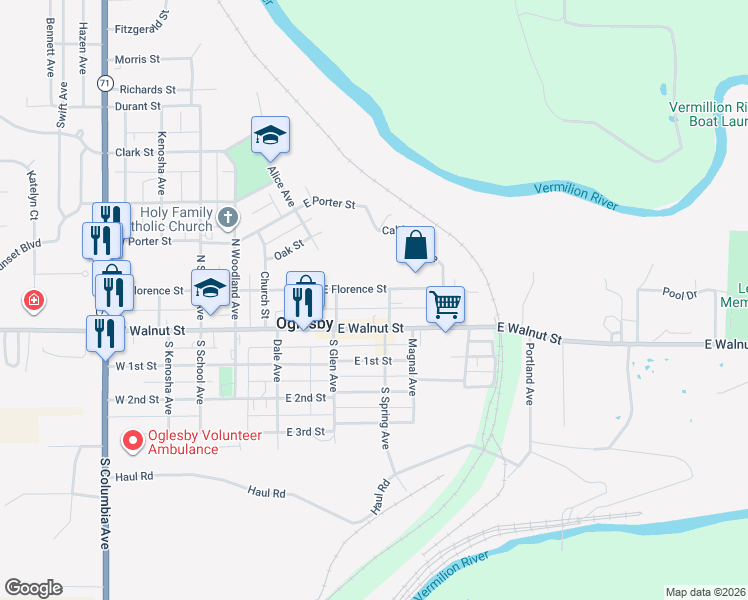 map of restaurants, bars, coffee shops, grocery stores, and more near 254 East Florence Street in Oglesby