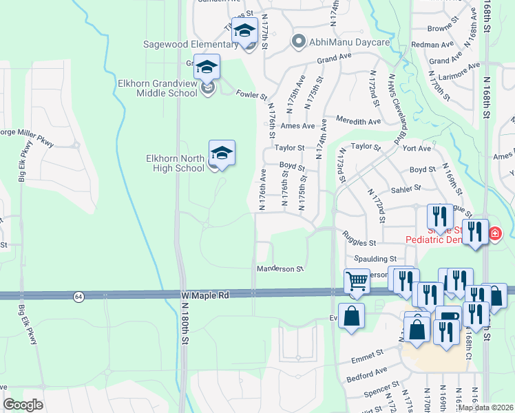 map of restaurants, bars, coffee shops, grocery stores, and more near 4128 North 176th Avenue in Omaha