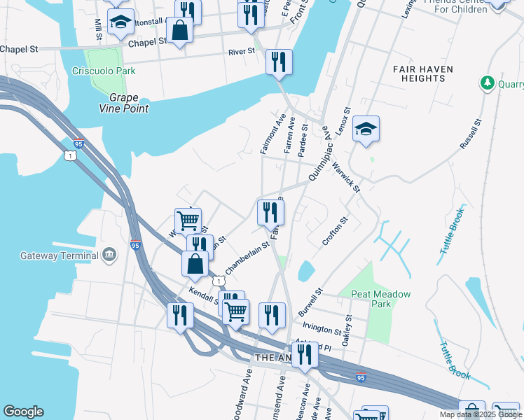 map of restaurants, bars, coffee shops, grocery stores, and more near 114 Fairmont Avenue in New Haven