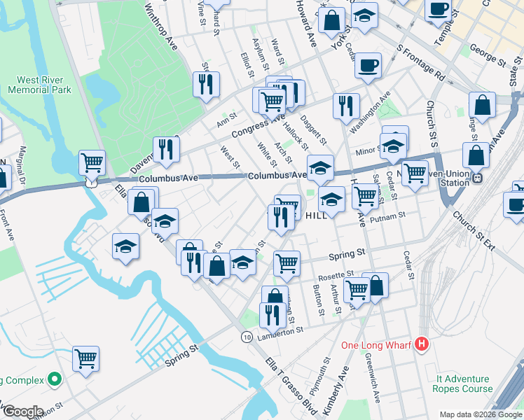 map of restaurants, bars, coffee shops, grocery stores, and more near 9 Adeline Street in New Haven