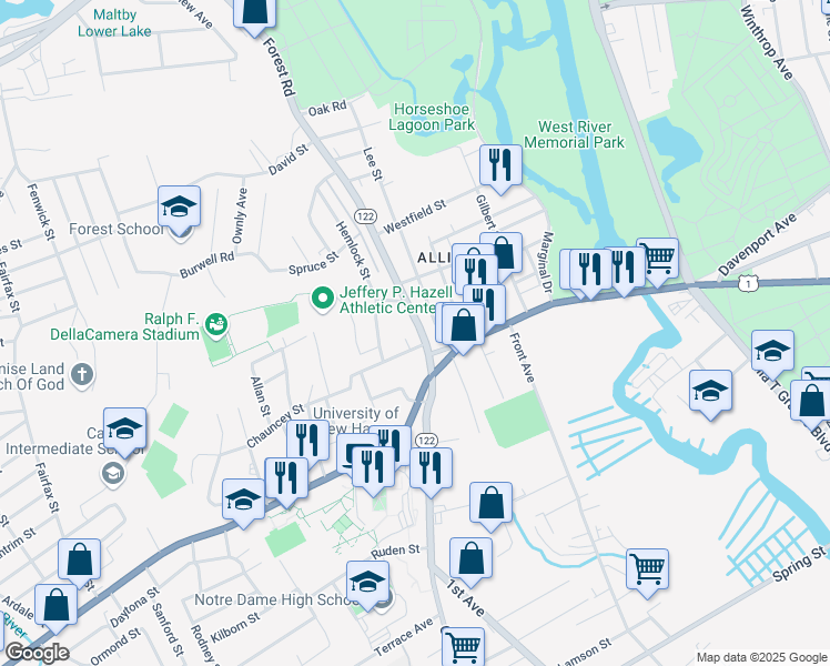 map of restaurants, bars, coffee shops, grocery stores, and more near 36 Forest Road in West Haven