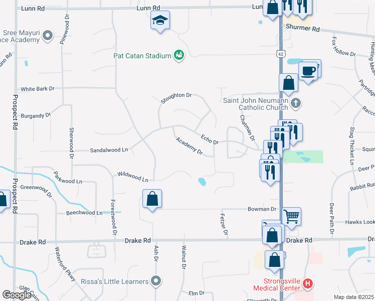 map of restaurants, bars, coffee shops, grocery stores, and more near 16315 Academy Drive in Strongsville
