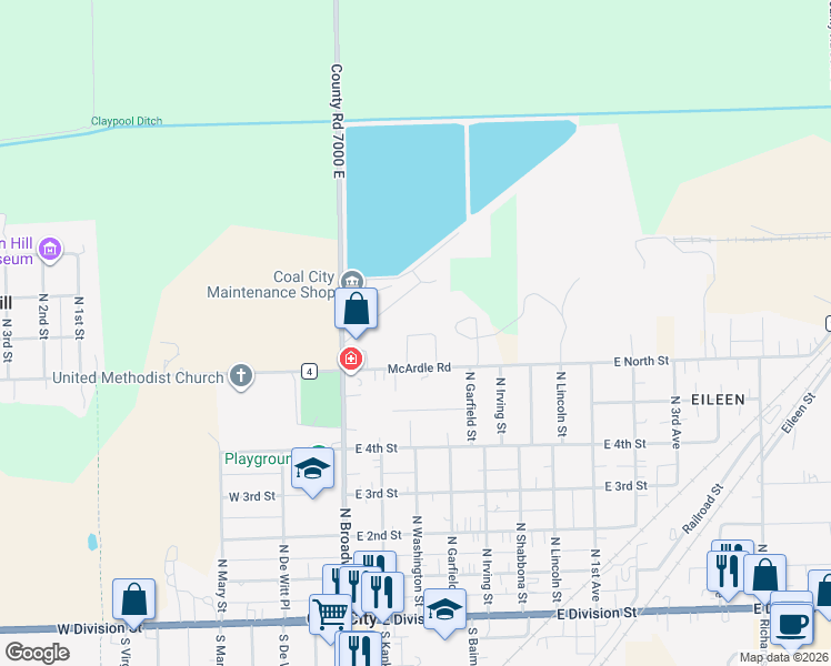map of restaurants, bars, coffee shops, grocery stores, and more near 636 Circle Drive in Coal City
