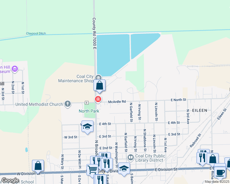 map of restaurants, bars, coffee shops, grocery stores, and more near 636 Circle Drive in Coal City