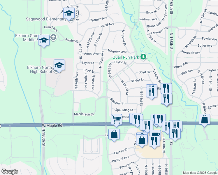 map of restaurants, bars, coffee shops, grocery stores, and more near 4220 North 172nd Avenue in Omaha