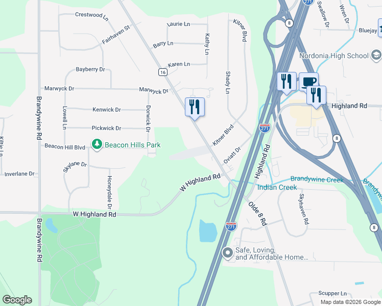 map of restaurants, bars, coffee shops, grocery stores, and more near 8584 Olde 8 Road in Northfield