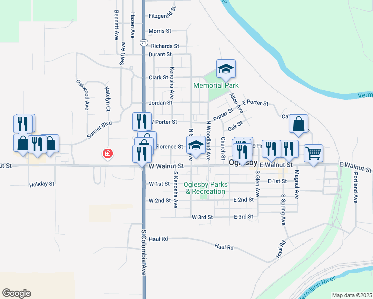 map of restaurants, bars, coffee shops, grocery stores, and more near 304 West Florence Street in Oglesby