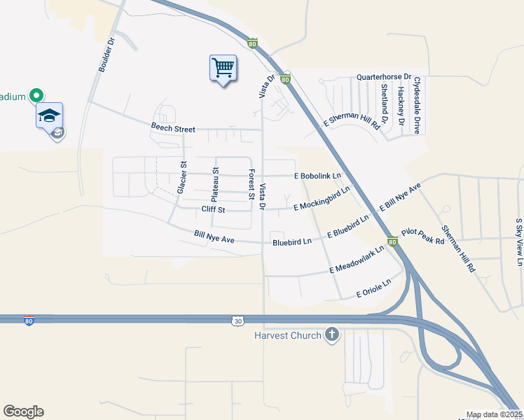 map of restaurants, bars, coffee shops, grocery stores, and more near 2200 Vista Drive in Laramie