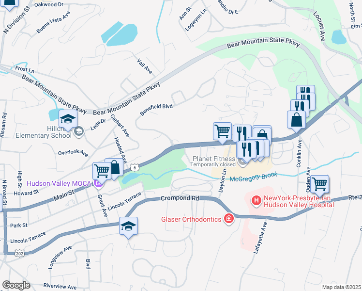 map of restaurants, bars, coffee shops, grocery stores, and more near 1898 Main Street in Peekskill
