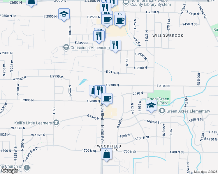 map of restaurants, bars, coffee shops, grocery stores, and more near 441 East 2100 North in North Ogden