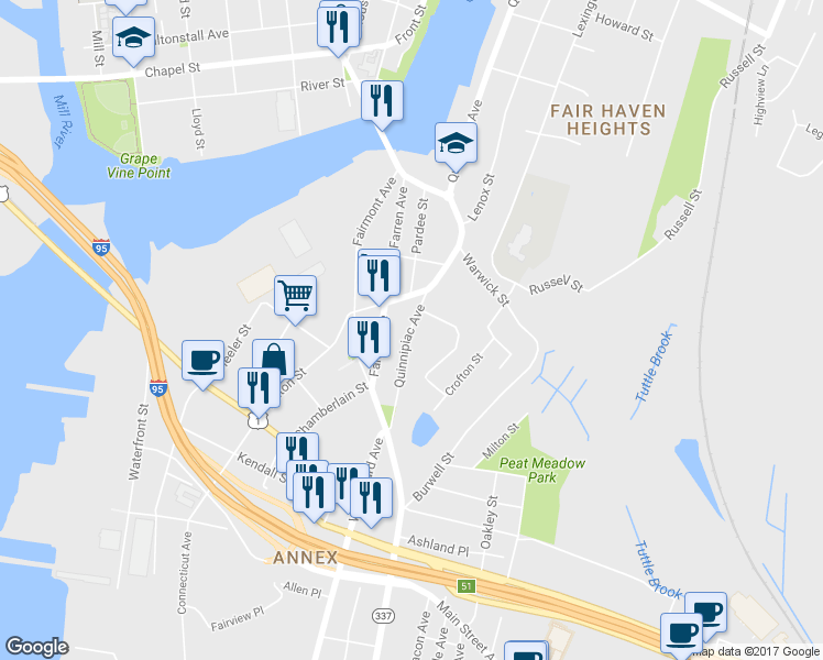 map of restaurants, bars, coffee shops, grocery stores, and more near 15 Judith Terrace in New Haven