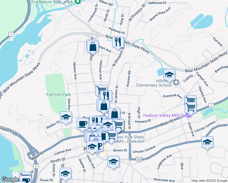 map of restaurants, bars, coffee shops, grocery stores, and more near 511 North James Street in Peekskill