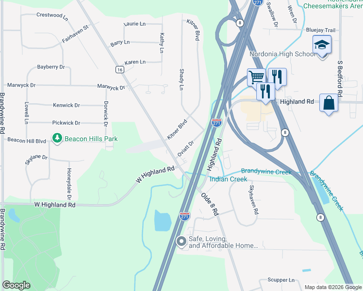 map of restaurants, bars, coffee shops, grocery stores, and more near 7555 Kitner Boulevard in Northfield