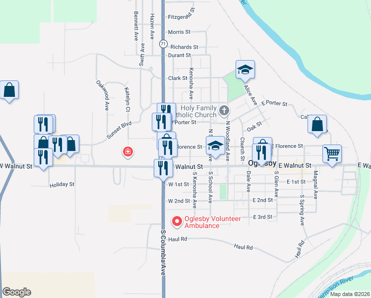 map of restaurants, bars, coffee shops, grocery stores, and more near 334 West Florence Street in Oglesby