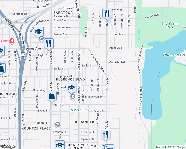 map of restaurants, bars, coffee shops, grocery stores, and more near 4110 North 18th Street in Omaha