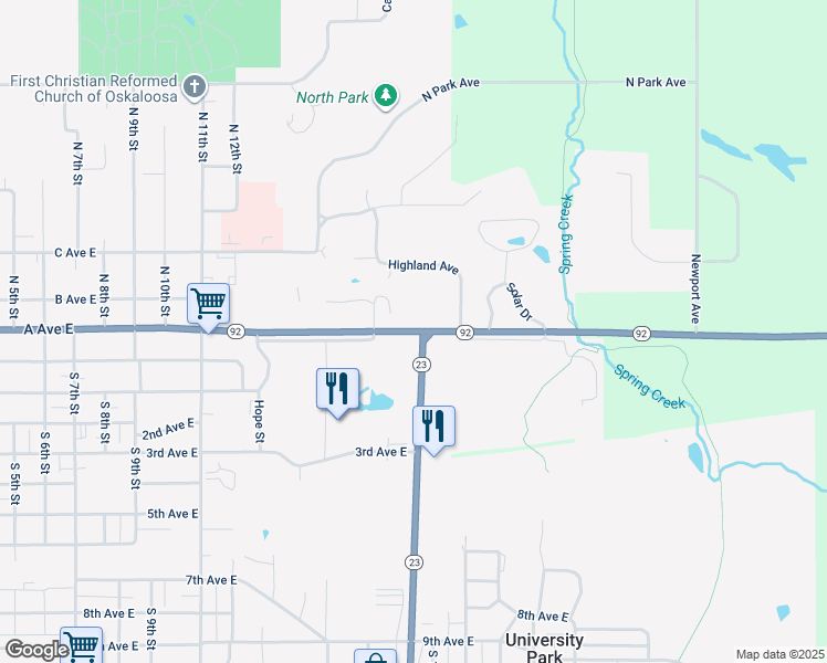 map of restaurants, bars, coffee shops, grocery stores, and more near 1907 A Avenue East in Oskaloosa