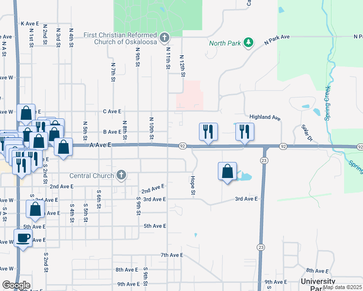 map of restaurants, bars, coffee shops, grocery stores, and more near 1315 A Ave E in Oskaloosa