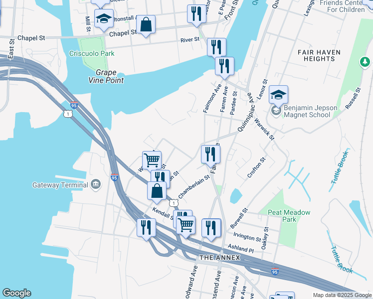 map of restaurants, bars, coffee shops, grocery stores, and more near 64 Goodwin Street in New Haven
