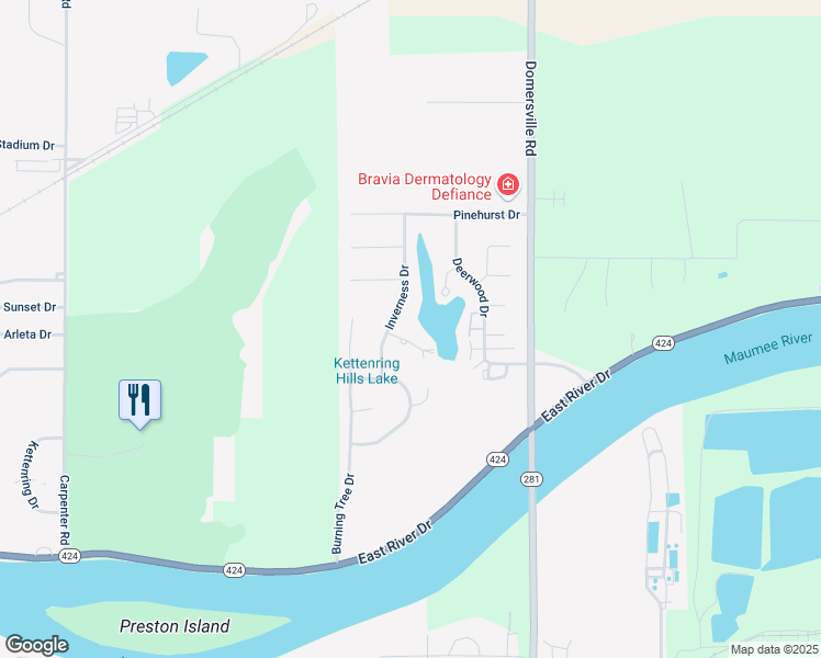 map of restaurants, bars, coffee shops, grocery stores, and more near 1342 Ironwood Court in Defiance
