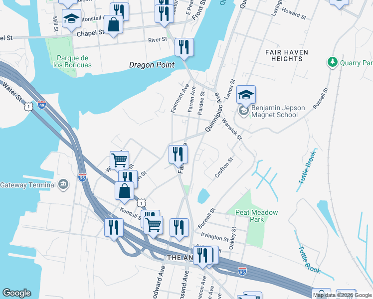 map of restaurants, bars, coffee shops, grocery stores, and more near 69 Farren Avenue in New Haven