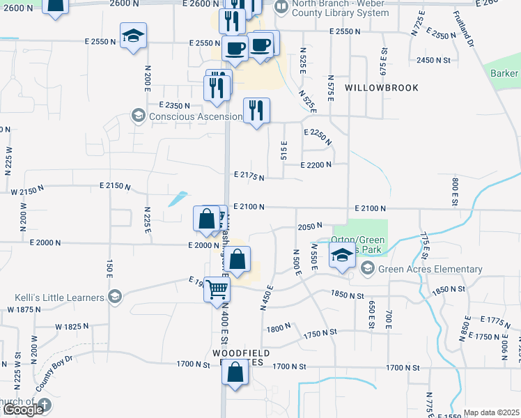 map of restaurants, bars, coffee shops, grocery stores, and more near 441 East 2100 North in North Ogden