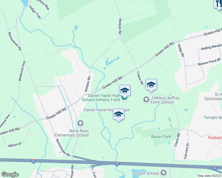 map of restaurants, bars, coffee shops, grocery stores, and more near 290 Green Hill Road in Madison