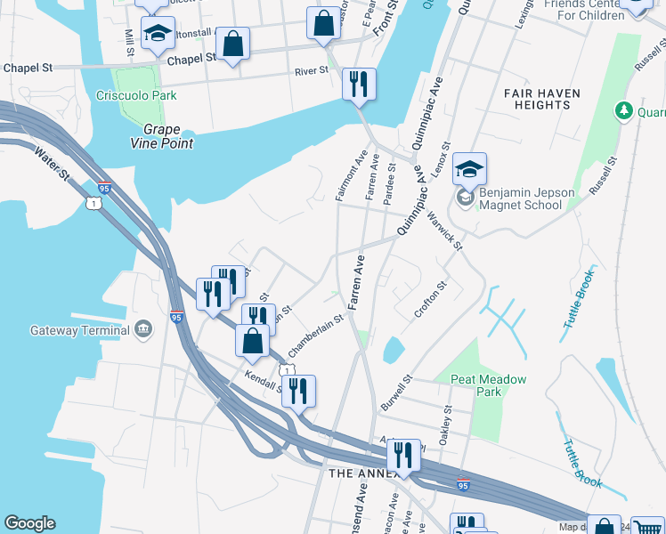 map of restaurants, bars, coffee shops, grocery stores, and more near 114 Fairmont Avenue in New Haven