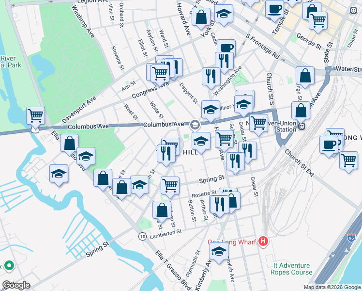 map of restaurants, bars, coffee shops, grocery stores, and more near 493 Washington Avenue in New Haven