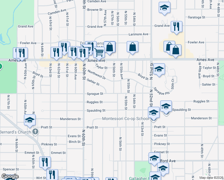 map of restaurants, bars, coffee shops, grocery stores, and more near 4117 North 56th Street in Omaha