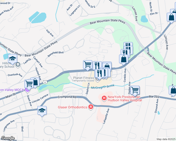 map of restaurants, bars, coffee shops, grocery stores, and more near 1825 East Main Street in Peekskill
