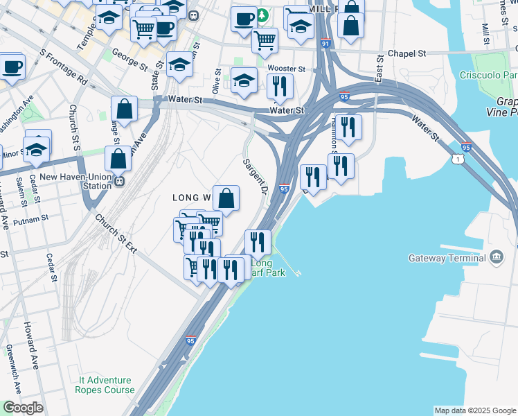 map of restaurants, bars, coffee shops, grocery stores, and more near 500 Sargent Drive in New Haven