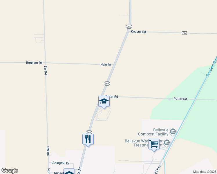 map of restaurants, bars, coffee shops, grocery stores, and more near 11104 Ohio 269 in Bellevue