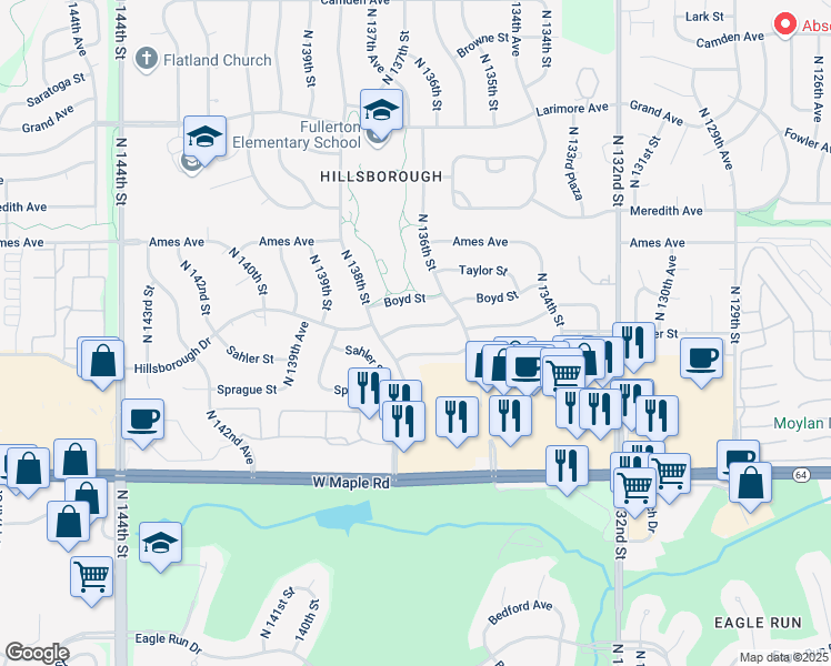 map of restaurants, bars, coffee shops, grocery stores, and more near 13705 Hillsborough Drive in Omaha