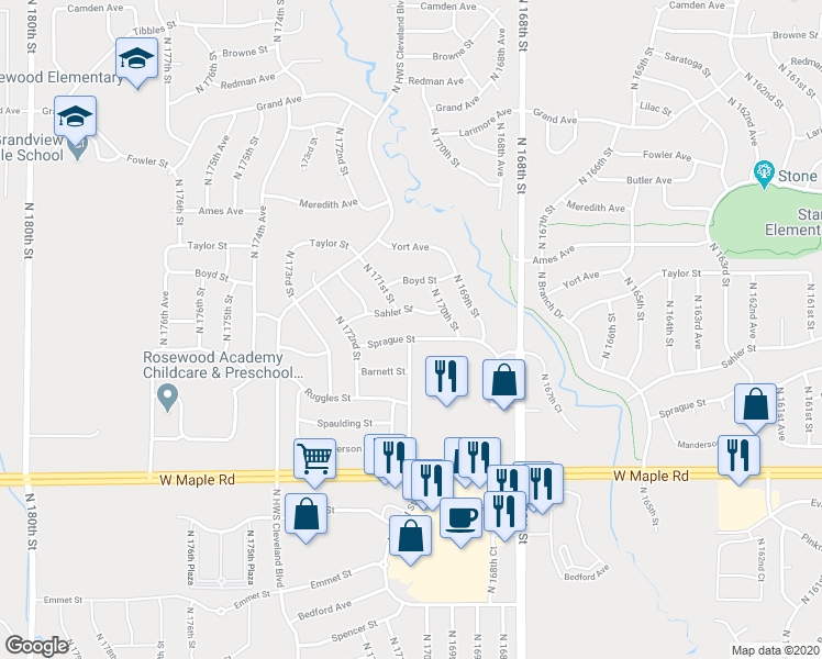 map of restaurants, bars, coffee shops, grocery stores, and more near 17040 Sprague Street in Omaha
