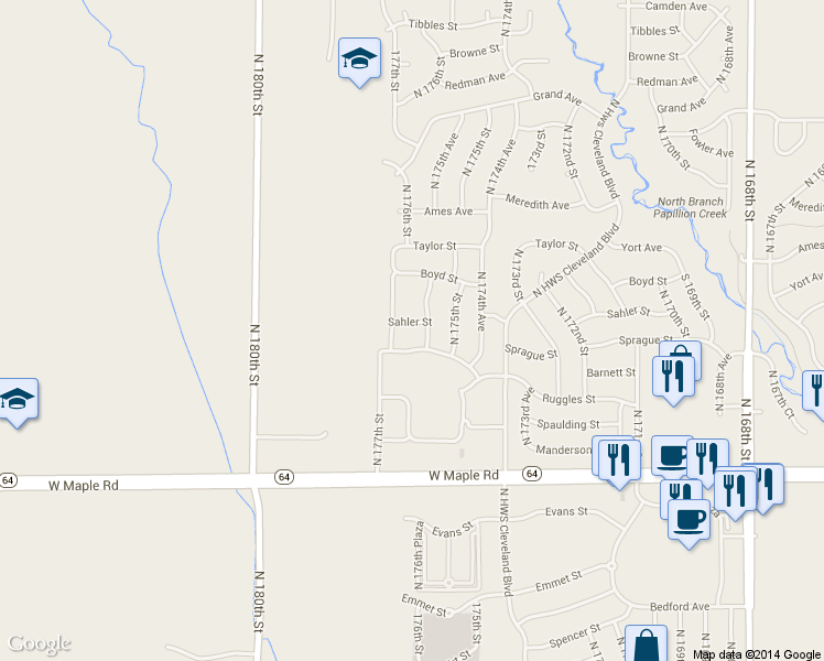 map of restaurants, bars, coffee shops, grocery stores, and more near 17611 Sahler St in Omaha