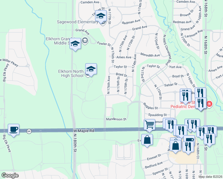 map of restaurants, bars, coffee shops, grocery stores, and more near 17611 Sahler Street in Omaha