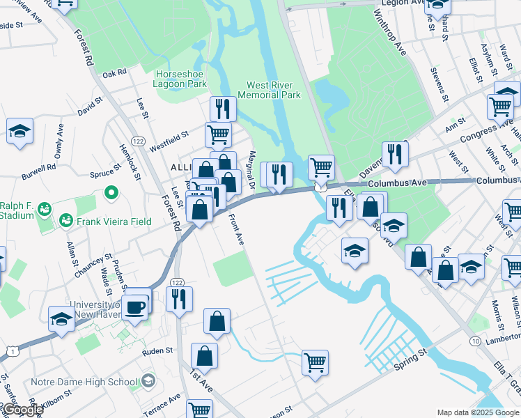 map of restaurants, bars, coffee shops, grocery stores, and more near 98 Boston Post Road in West Haven