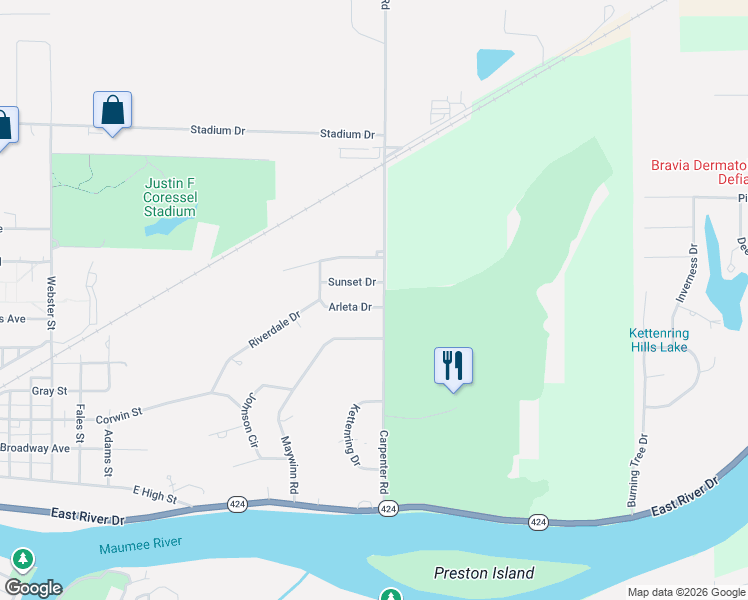 map of restaurants, bars, coffee shops, grocery stores, and more near 500 Carpenter Rd in Defiance