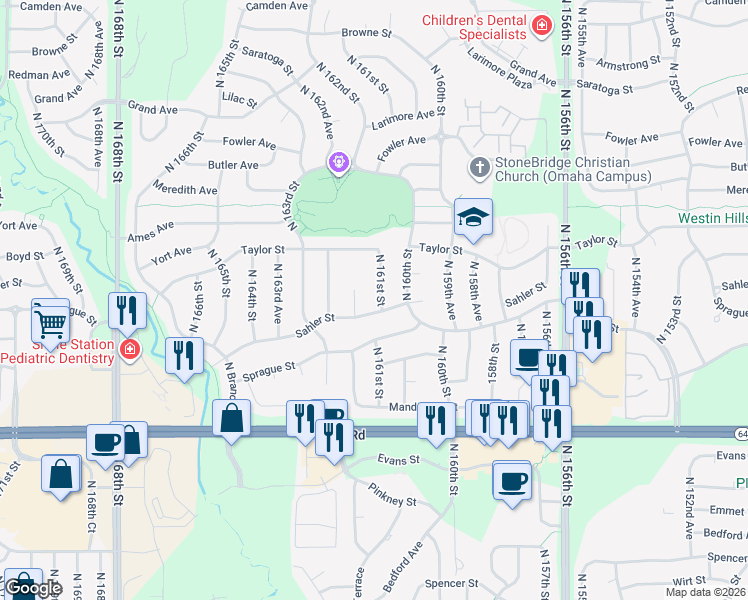 map of restaurants, bars, coffee shops, grocery stores, and more near 4210 North 161st Street in Omaha