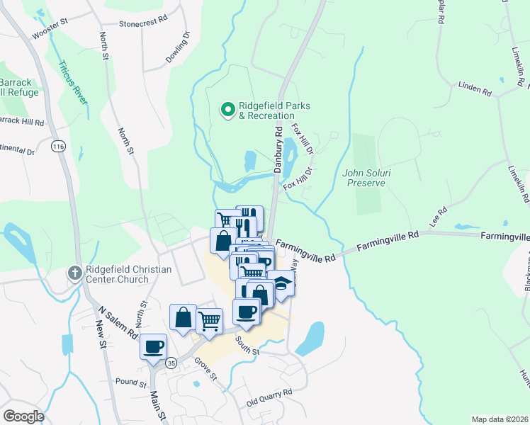 map of restaurants, bars, coffee shops, grocery stores, and more near 159 Danbury Road in Ridgefield