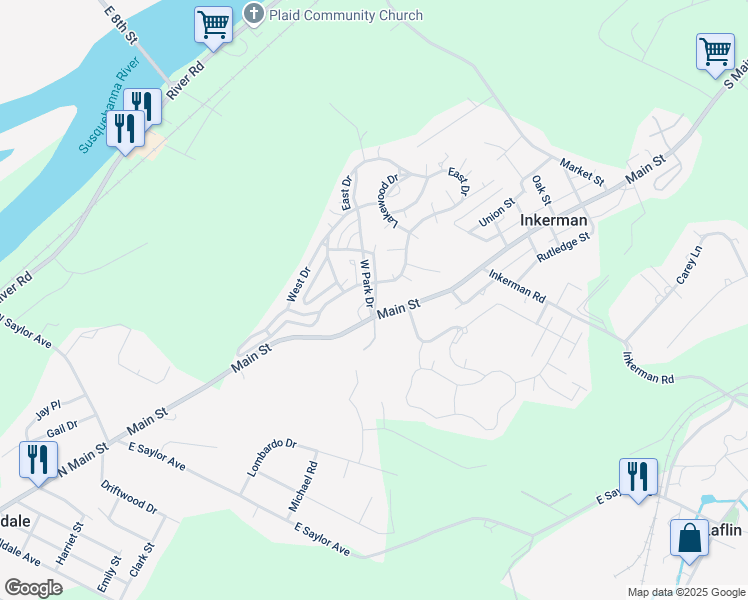 map of restaurants, bars, coffee shops, grocery stores, and more near 417 Heather Highlands in Luzerne County