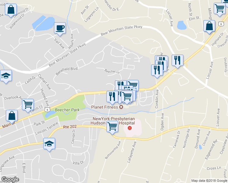 map of restaurants, bars, coffee shops, grocery stores, and more near 1980 Main Street in Peekskill