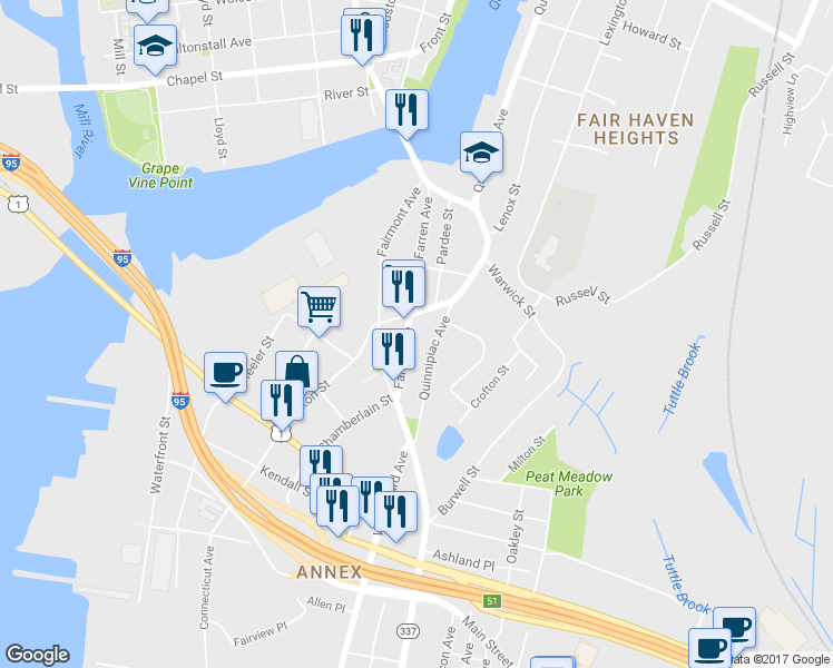 map of restaurants, bars, coffee shops, grocery stores, and more near 69 Farren Avenue in New Haven