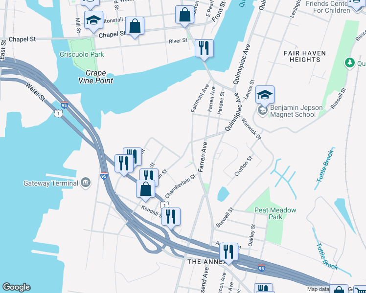 map of restaurants, bars, coffee shops, grocery stores, and more near 114 Fairmont Avenue in New Haven