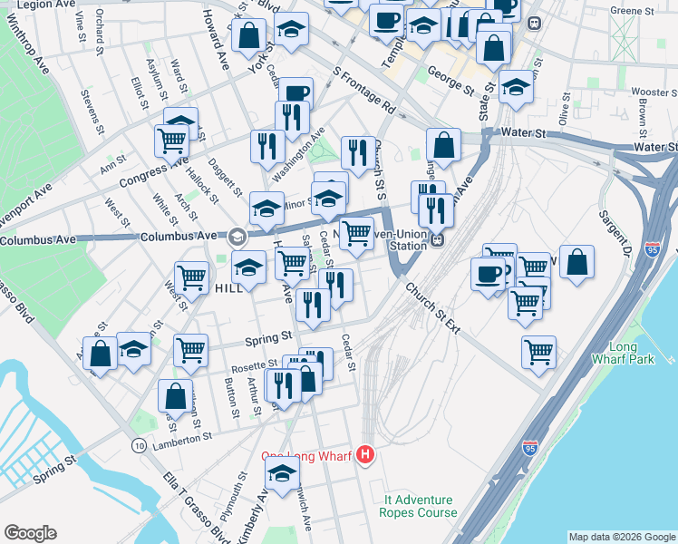 map of restaurants, bars, coffee shops, grocery stores, and more near 140 Carlisle Street in New Haven
