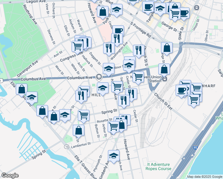 map of restaurants, bars, coffee shops, grocery stores, and more near 570 Howard Avenue in New Haven